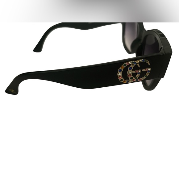 Black Semi Cat Eye Sunglasses with Purple Lenses - Rhinestones & Gold Emblems - Picture 4 of 10